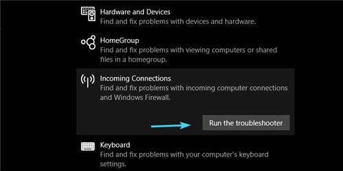 Incoming Connections troubleshooter
