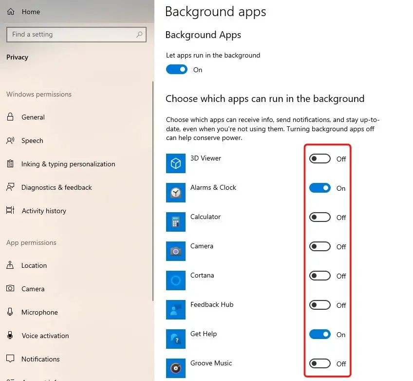 Disable background apps