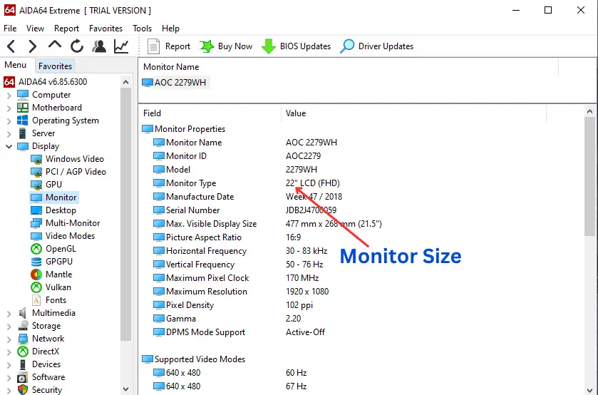 How to find Monitor Size using Specialized Application like Aida64