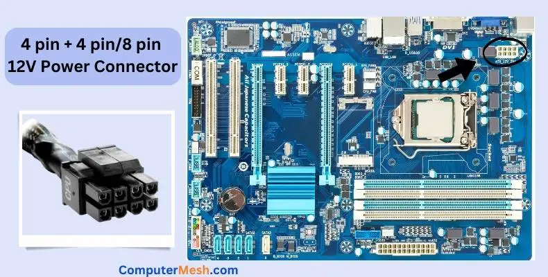 4 pin + 4 pin or 8 pin 12V Power Connector Plugs into Motherboard