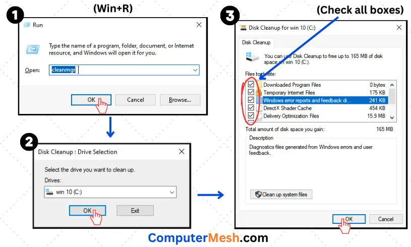 Using a Disk Cleanup tool built in Windows to cleanup files