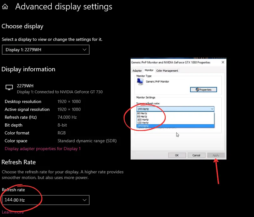 Windows & monitor setting refresh rate