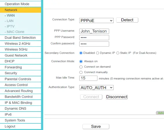 PPPoE Connection type in router setting