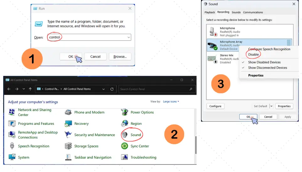 configure the microphone through the Windows control panel