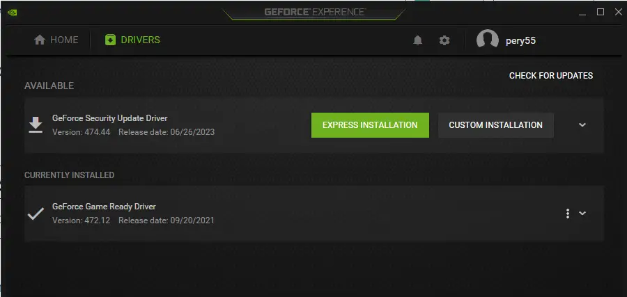 driver update in Nvidia Geforce Experience