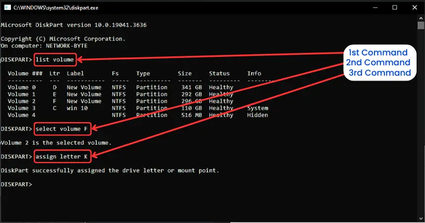 commands to change drive letter in windows