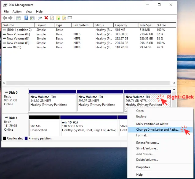 right click on the graphical representation of the partition in disk managment