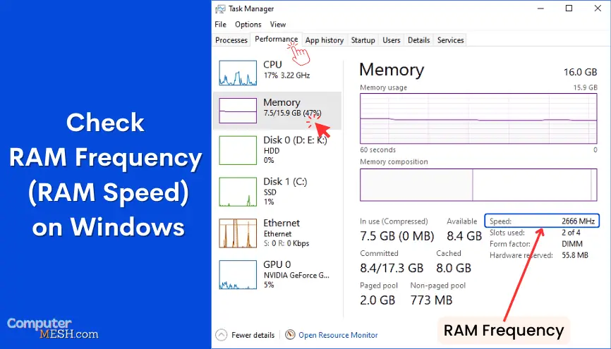 Check RAM frequency speed in Task Manager