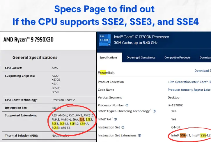 Specs Page to find out if the CPU supports SSE2, SSE3, and SSE4