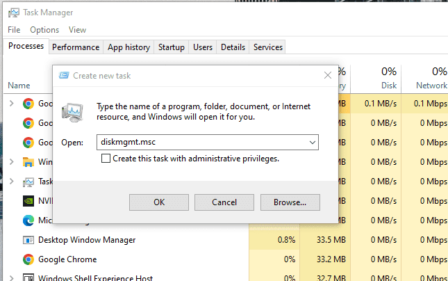 open Disk Management through Task Manager